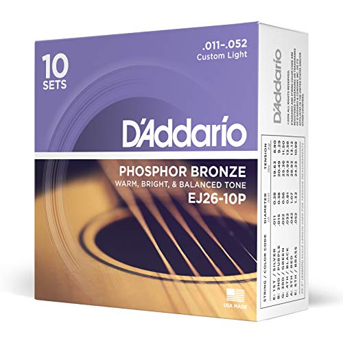 Book Cover D'Addario Custom Light 11-52 Acoustic Guitar Strings - Phosphor Bronze (10 Sets)
