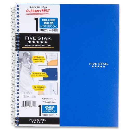 Book Cover Five Star Spiral Notebook, 1-Subject, 100 College-Ruled Sheets, 11 x 8.5 Inch Sheet Size, Blue (72565)