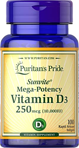 Book Cover Puritan's Pride Vitamin D3 10000 IU Bolsters Health Immune System Support and Healthy Bones & Teeth Softgels, Yellow, 100 Count