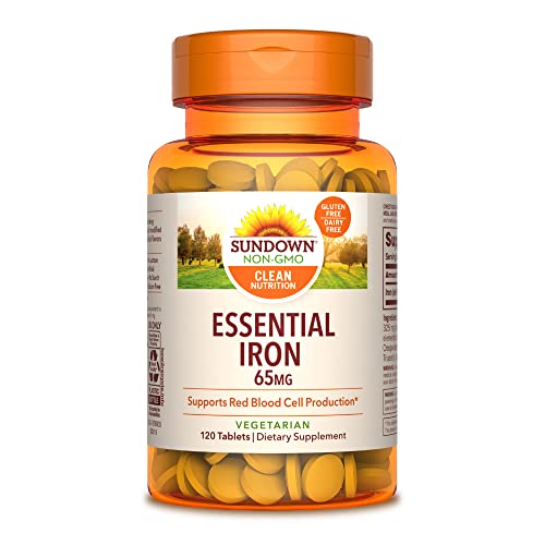 Book Cover Sundown Essential Iron 65 mg, Ferrous Sulfate, Supports Red Blood Cell Production, 120 Tablets (Packaging May Vary)