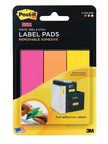 Book Cover Post-it Super Sticky Removable Label Pads, 1 x 3 Inches, Fushia, Orange, and Yellow, 75 Labels per pack (3 Pads) (2900-FOY)
