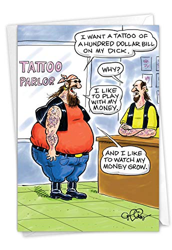 Book Cover NobleWorks - 1 Cartoon Happy Birthday Card Funny - Hilarious Comic Greeting, Notecard with Envelope - 100-Dollar Tattoo 4767