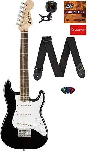 Book Cover Fender Squier 3/4 Size Kids Mini Strat Electric Guitar Learn-to-Play Bundle with Tuner, Strap, Picks, Fender Play Online Lessons, and Austin Bazaar Instructional DVD - Black