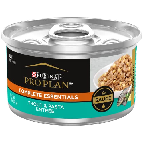Book Cover Purina Pro Plan Pate, High Protein, Gravy Wet Cat Food, COMPLETE ESSENTIALS Trout & Pasta Entree in Sauce - (24) 3 oz. Pull-Top Cans