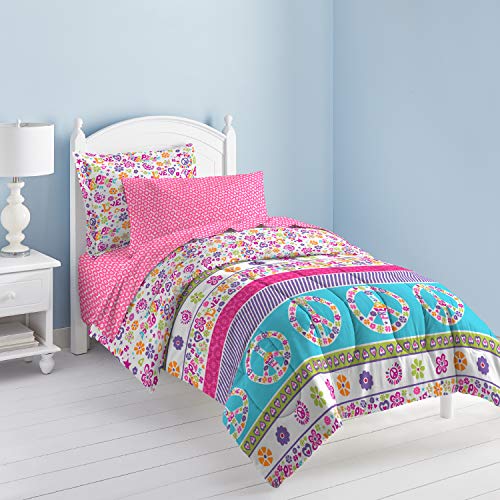 Book Cover dream FACTORY Peace And Love Peace Signs Girls Comforter Set, Multi-Colored, Twin