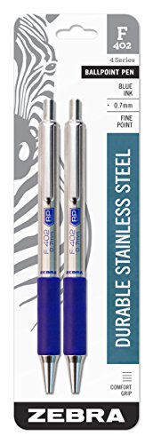 Book Cover Zebra F-402 Ballpoint Stainless Steel Retractable Pen, Fine Point, 0.7mm, Blue Ink, 2-Count
