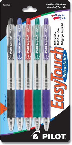 Book Cover PILOT EasyTouch Refillable & Retractable Ballpoint Pens, Medium Point, Black/Blue/Red/Green/Purple Inks, 5-Pack (32256)