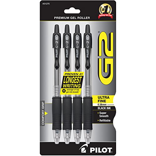 Book Cover Pilot G2 Retractable Premium Gel Ink Roller Ball Pens Ultra Fine Point 4-Pack Black Ink (31275)