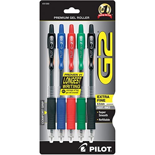 Book Cover Pilot G2 Retractable Premium Gel Ink Roller Ball Pens, Extra Fine Point, 5-Pack, Assorted Colors (31300)