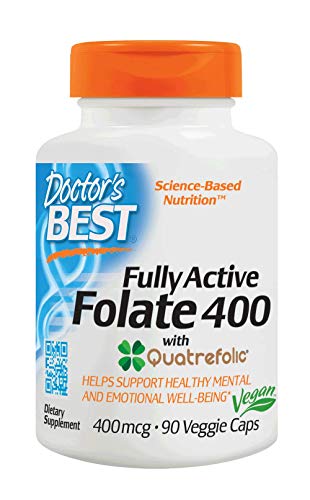 Book Cover Doctor's Best Fully Active Folate with Quatrefolic, Non-GMO, Vegan, Gluten Free, 400 mcg, 90 Veggie Caps