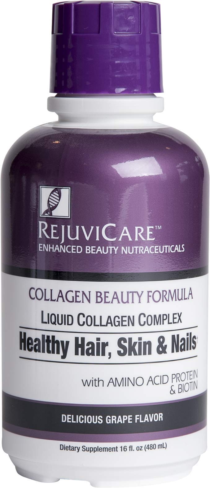 Book Cover Rejuvicare Liquid Collagen Beauty Formula with Amino Acids, Protein and Biotin, Delicious Grape Flavor, Purple 16 oz ,32 servings 32.0 Servings (Pack of 1) Purple