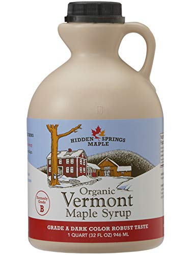 Book Cover Hidden Springs Maple Organic Vermont Maple Syrup, Grade A Dark Robust (Formerly Grade B), 32 Ounce, 1 Quart, Family Farms, BPA-free Jug