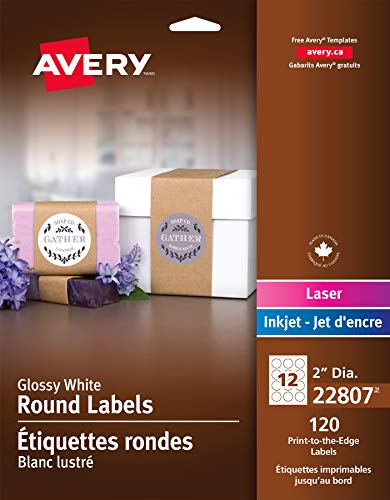 Book Cover Avery Round Labels, Glossy White, 2-inch size, 120 Labels - Great for Canning Labels and Mason Jars (22807)