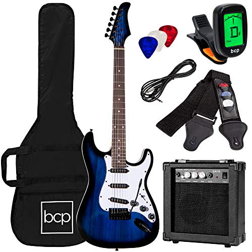 Book Cover Best Choice Products 39in Full Size Beginner Electric Guitar Starter Kit w/Case, Strap, 10W Amp, Strings, Pick, Tremolo Bar - Hollywood Blue