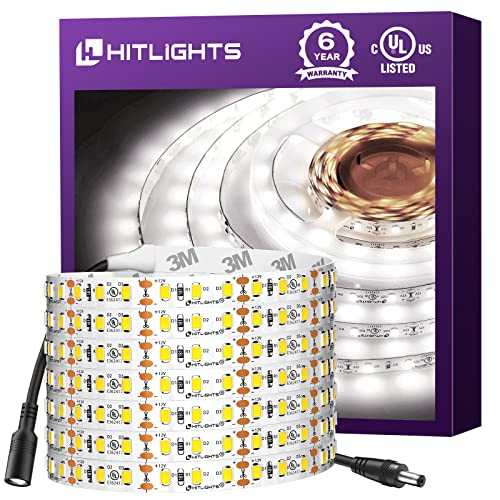 Book Cover HitLights LED Strip Lights Cool White 5000K, 16.4ft High Density 12V Tape Light, UL-Listed, 600 LEDs, 300Lm/ft, Flexible Dimmable Rope Lights for Bedroom, Kitchen, Cabinet (Power Source Not Included)