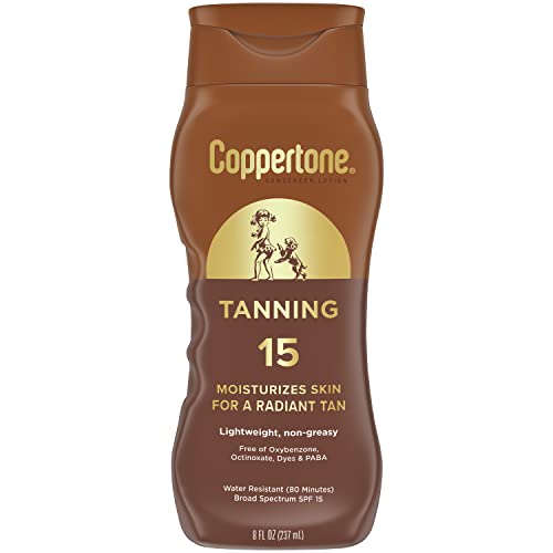 Book Cover Coppertone Tanning Sunscreen Lotion, Water Resistant Body Sunscreen SPF 15, Broad Spectrum SPF 15 Sunscreen, 8 Fl Oz Bottle
