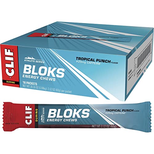 Book Cover Clif Bloks - Energy Chews - Tropical Punch with 25 mg Caffeine- Non-GMO - Plant Based Food - Fast Fuel for Cycling and Running -Workout Snack (2.1 Ounce Packet, 18 Count) - (Assortment May Vary)