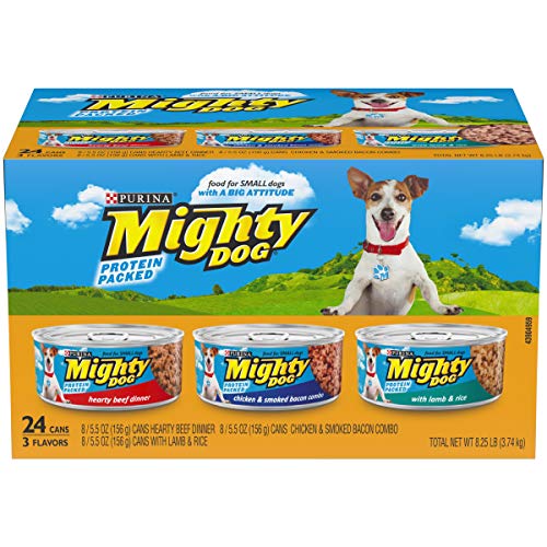 Book Cover Purina Mighty Dog Small Breed Wet Dog Food Variety Pack, Hearty Beef, Smoked Chicken & Bacon Combo, Lamb & Rice - (24) 5.5 oz. Cans