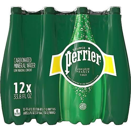 Book Cover Perrier Carbonated Mineral Water, Plastic Bottles 33.8 Fl Oz (Pack of 12)