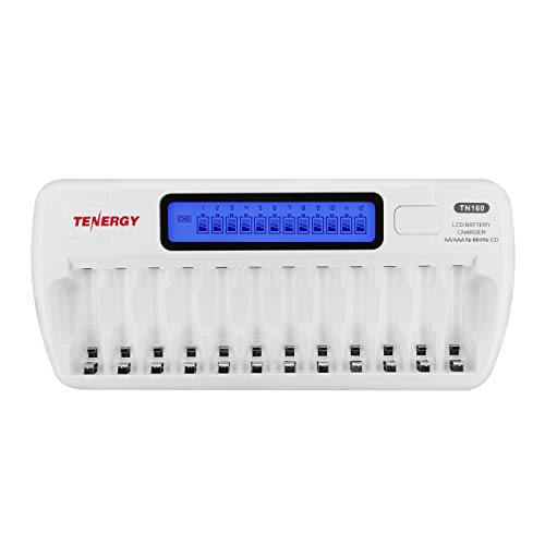 Book Cover Tenergy TN160 LCD Battery Charger 12-Bay Smart Battery Charger for AA/AAA NiMH/NiCd Rechargeable Batteries Charger with Refresh Function Household Battery Charger w/AC Wall Adapter