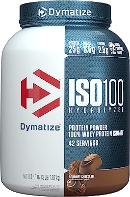 Book Cover Dymatize ISO100 Hydrolyzed Protein Powder, 100% Whey Isolate Protein, 25g of Protein, 5.5g BCAAs, Gluten Free, Fast Absorbing, Easy Digesting, Gourmet Chocolate, 3 Pound