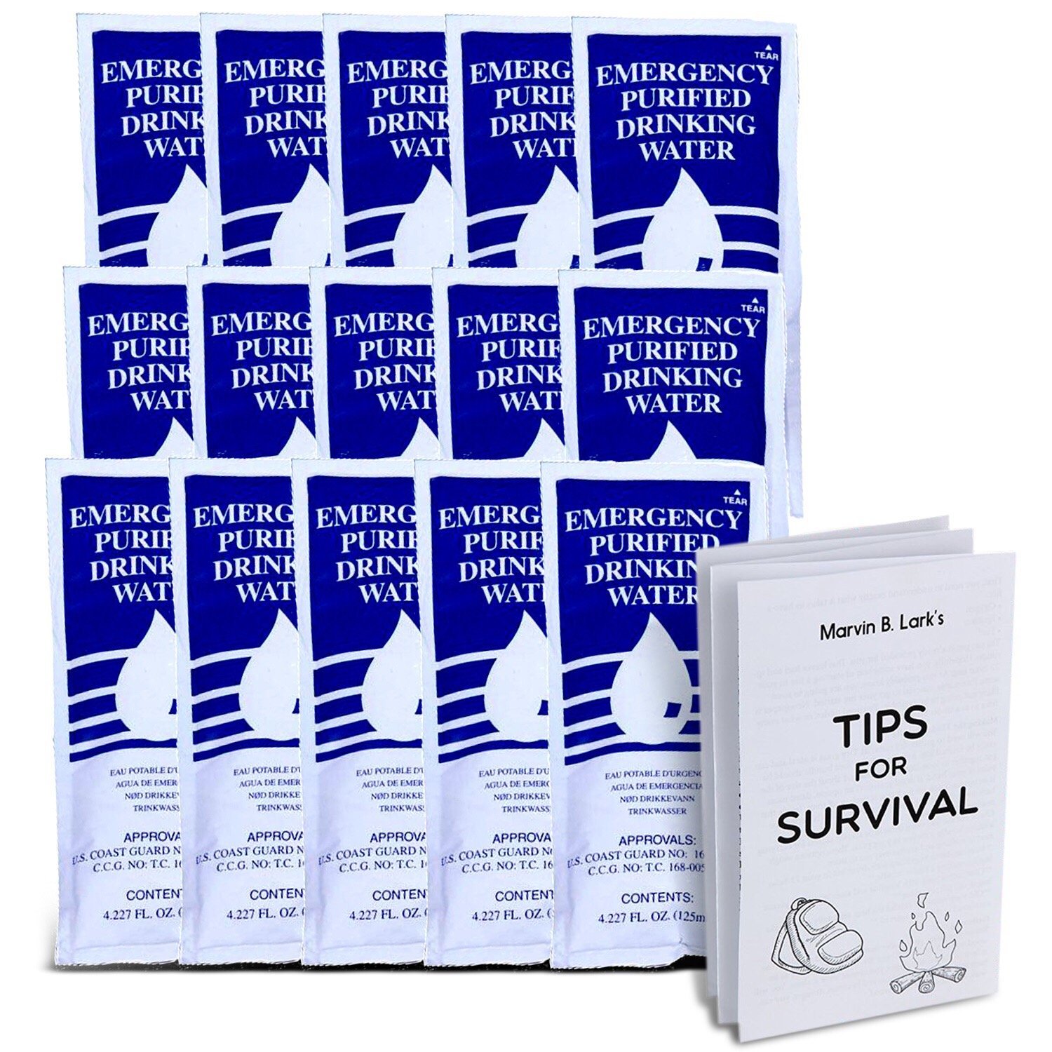 Book Cover S.O.S. Emergency Water 5 year shelf life - 15 Individual 4.22 Oz Packets (With Tips) 1 15 packs