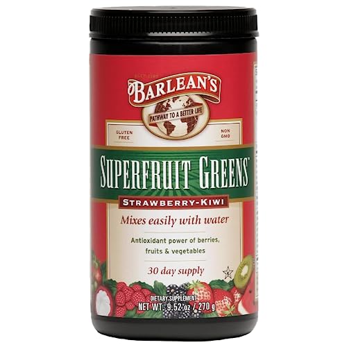 Book Cover Barlean's Strawberry Kiwi Superfruit Greens Powder, Daily Fruits & Veggies Superfood Supplement, Green Antioxidant Blend & Fiber Super Power Smoothie Mix, 9.52 oz
