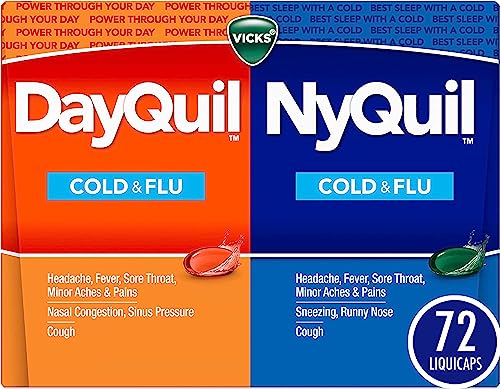 Book Cover Vicks DayQuil and NyQuil Combo Pack, Cold & Flu Medicine, Powerful Multi-Symptom Daytime And Nighttime Relief For Headache, Fever, Sore Throat, Cough, 72 Count, 48 DayQuil, 24 NyQuil Liquicaps