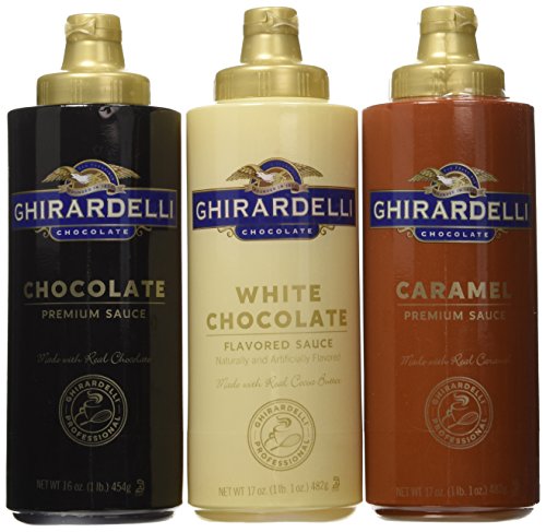 Book Cover Ghirardelli Squeeze Bottles - Caramel, Chocolate & White Chocolate - Set of 3