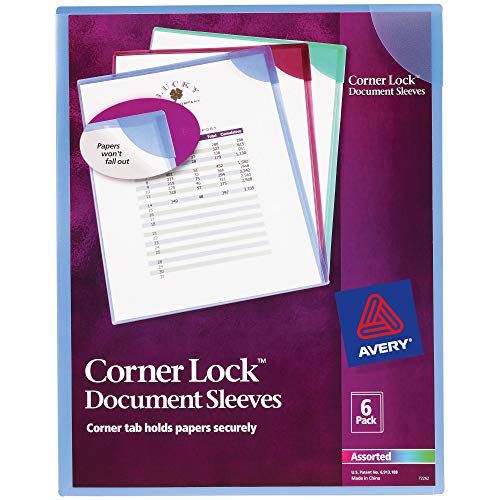 Book Cover Avery Corner Lock Document Sleeves, Holds up to 20 Sheets, Assorted Colors, 6 Plastic Sleeves (72262)