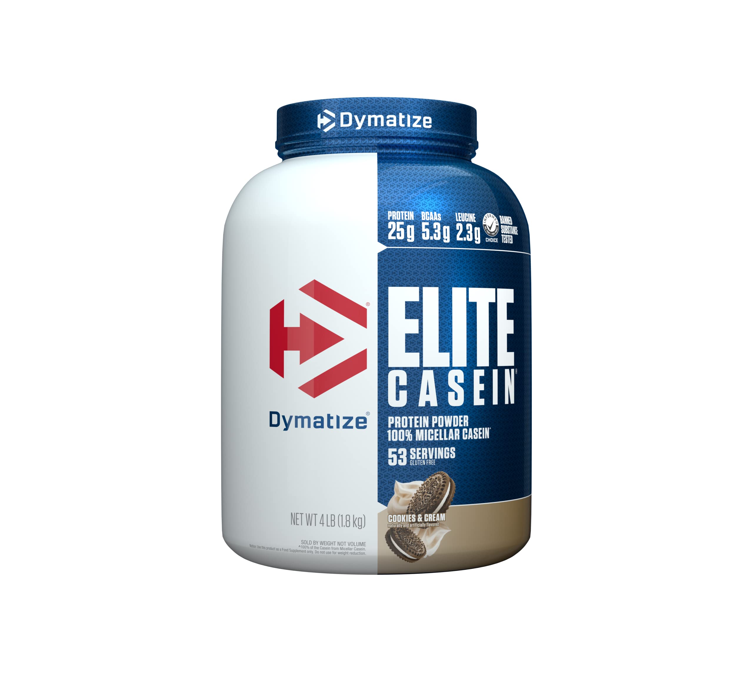 Book Cover Dymatize Elite Casein Protein Powder, Slow Absorbing with Muscle Building Amino Acids, 100% Micellar Casein, 25g Protein, 5.3g BCAAs & 2.3g Leucine, Helps Overnight Recovery, Cookies & Cream, 4 lb Cookies & Cream 53 Servings (Pack of 1)
