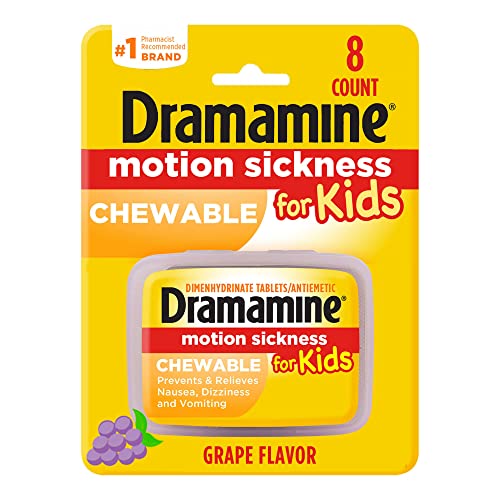Book Cover Dramamine Motion Sickness for Kids, Chewable, Dye Free, Grape Flavored, 8 Count