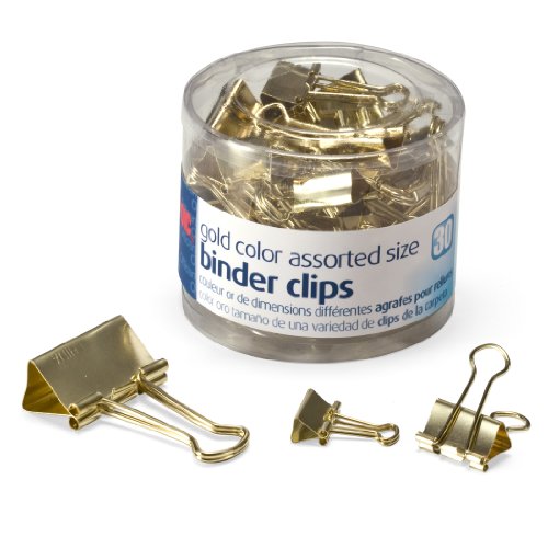Book Cover Officemate Binder Clips, Gold, Assorted Sizes, 30 Clips in Tub (31022)