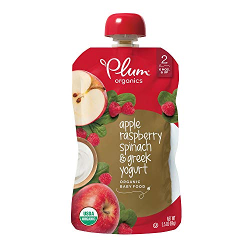 Book Cover Plum Organics Stage 2 Organic Baby Food, Apple, Raspberry, Spinach and Greek Yogurt, 3.5 Ounce Pouches (Pack of 12) (Packaging May Vary)