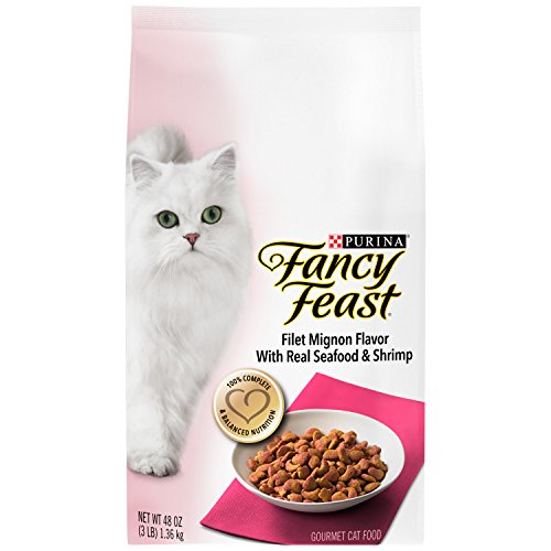Book Cover Purina Fancy Feast Dry Cat Food, Filet Mignon Flavor With Real Seafood & Shrimp - 3 lb. Bag