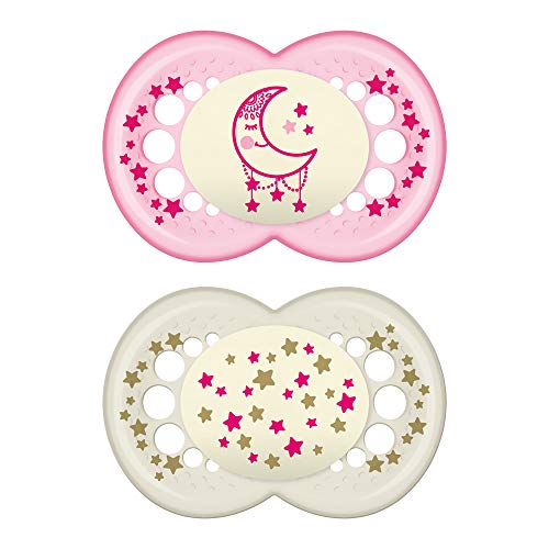 Book Cover MAM Glow In the Dark Pacifiers, Baby Pacifier 6+ Months, Best Pacifier for Breastfed Babies, 'Night' Design Collection, Girl, 2-Count