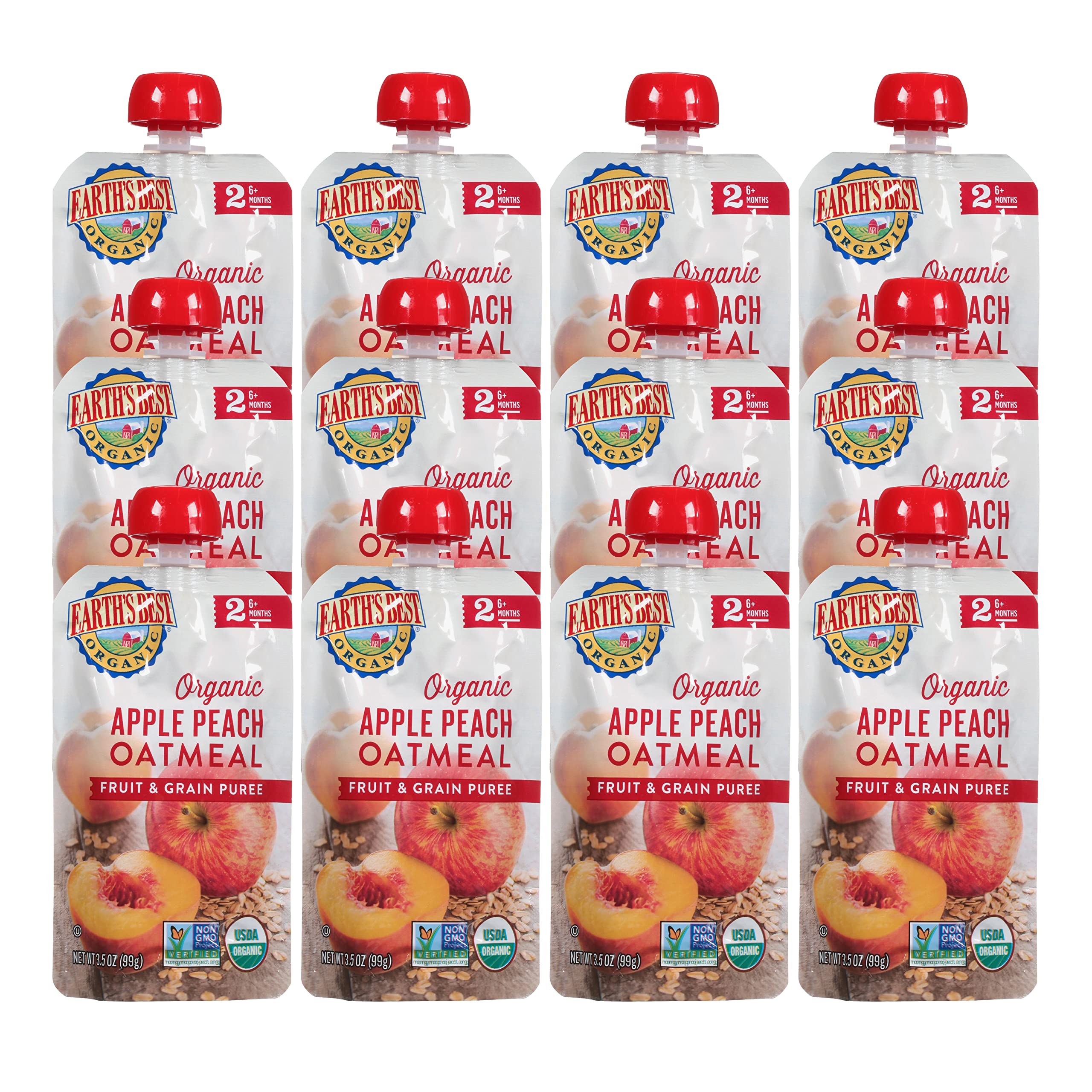 Book Cover Earth's Best Organic Baby Food Pouches, Stage 2 Fruit and Grain Puree for Babies 6 Months and Older, Organic Apple Peach and Oatmeal Puree, 3.5 oz Resealable Pouch (Pack of 12) Apple Peach Oatmeal