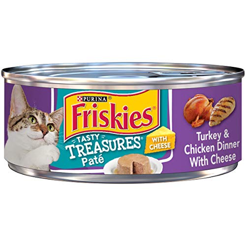 Book Cover Purina Friskies Pate Wet Cat Food, Tasty Treasures Turkey & Chicken Dinner With Cheese, 5.5 Ounce Cans (Pack of 24)