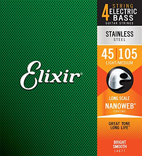 Book Cover Elixir Strings Stainless Steel 4-String Bass Strings w NANOWEB Coating, Long Scale, Light/Medium (.045-.105)