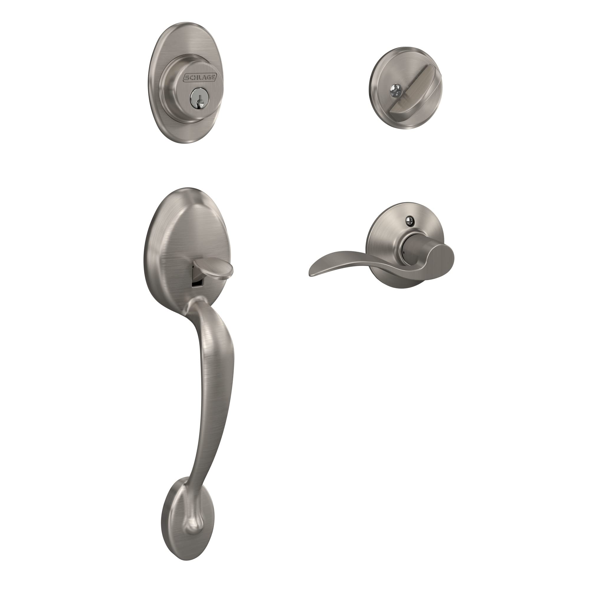 Book Cover Schlage F60 V PLY 619 ACC Plymouth Front Entry Handleset with Accent Lever, Deadbolt Keyed 1 Side, Satin Nickel