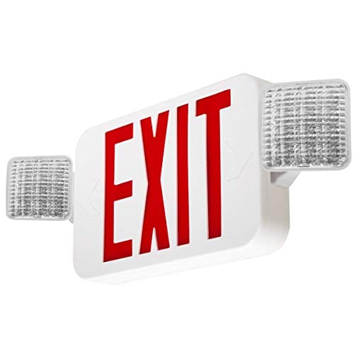 Book Cover LFI Lights | Combo Red Exit Sign with Emergency Lights | White Housing | All LED | Two Adjustable Square Heads | Hardwired with Battery Backup | UL Listed | (1 Pack) | COMBO2-R