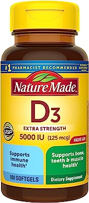 Book Cover Nature Made Extra Strength Vitamin D3 5000 IU (125 mcg), Dietary Supplement for Immune Support, 180 Softgels, 180 Day Supply