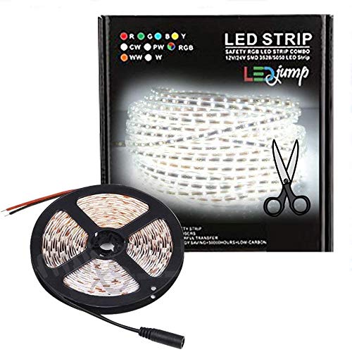 Book Cover LEDJump Super Bright Dimmable Plug-In Daylight White Color 300 Lights LED Tape Flexible Rope Strip 12 Volts 3M Adhesive Tape Lighting System Certified (Strip Light Only, No Power)