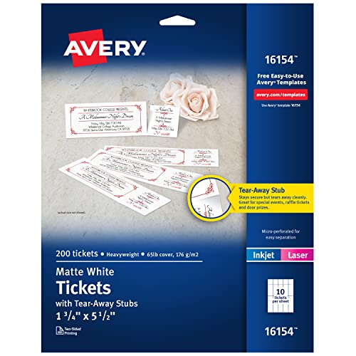 Book Cover Avery Tickets with Tear-Away Stubs, 1.75 inches x 5.5 inches, Matte White, Pack of 200 (16154)
