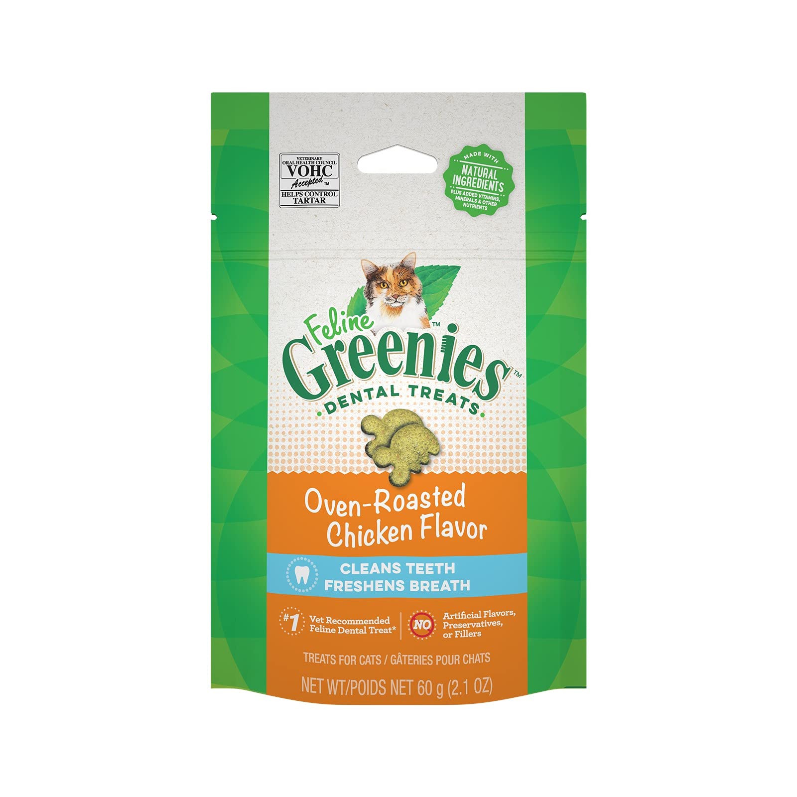 Book Cover FELINE GREENIES Natural Dental Care Cat Treats Oven Roasted Chicken Flavor, 2.5 oz. Pouch