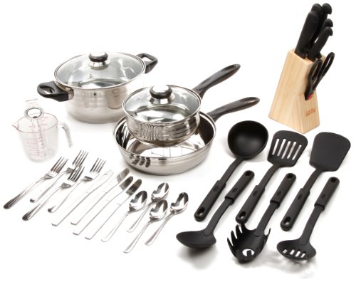 Book Cover Gibson Home Back to Basics Stainless Steel Cookware Set, 32-Piece , Stainless Steel