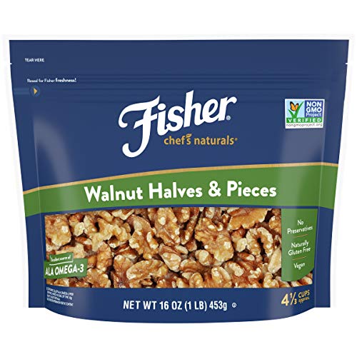 Book Cover Fisher Chef's Naturals Walnut & Pieces, Naturally Gluten Free, No Preservatives, Non-GMO, Halves, 16 Oz