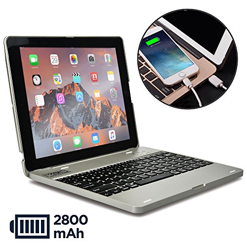 Book Cover Cooper Kai SKEL P1 [Bluetooth Wireless Keyboard] Case for iPad 4, iPad 3, iPad 2 | Clamshell Cover, 2800mAh Power Bank, 60HR Battery (Silver)