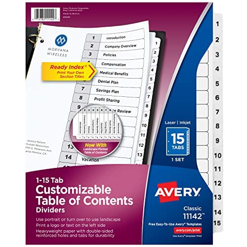 Book Cover Avery 15 Tab Dividers for 3 Ring Binders, Customizable Table of Contents, Classic White Tabs, 1 Set (11142)