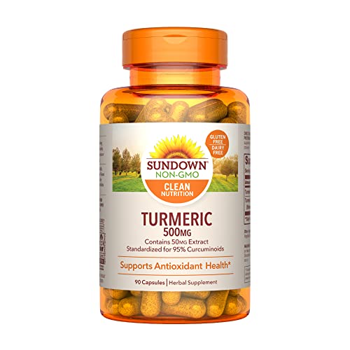 Book Cover Turmeric Supplements by Sundown, for Antioxidant Health, Standardized Turmeric Extract, Non-GMOˆ, Free of Gluten, Dairy, Artificial Flavors, 500 mg, 90 Capsules